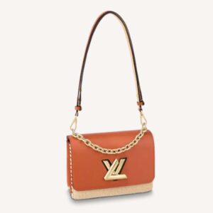 Louis Vuitton LV Women Twist MM Handbag Orange Raffia Smooth Cowhide Leather