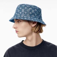 Louis Vuitton Unisex Monogram Essential Bucket Hat Blue Cotton Foil LV Signature (3)