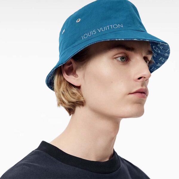 Louis Vuitton Unisex Monogram Essential Bucket Hat Blue Cotton Foil LV Signature (6)