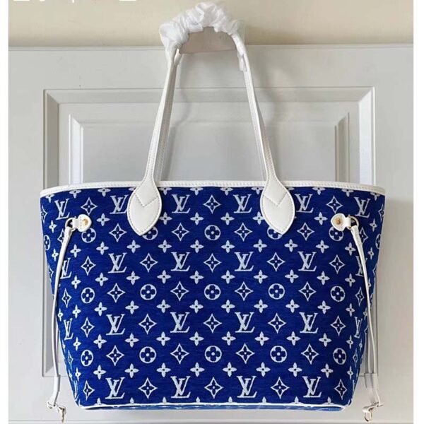 Louis Vuitton Women Neverfull MM Tote Blue Monogram Jacquard Velvet Cowhide Leather (1)