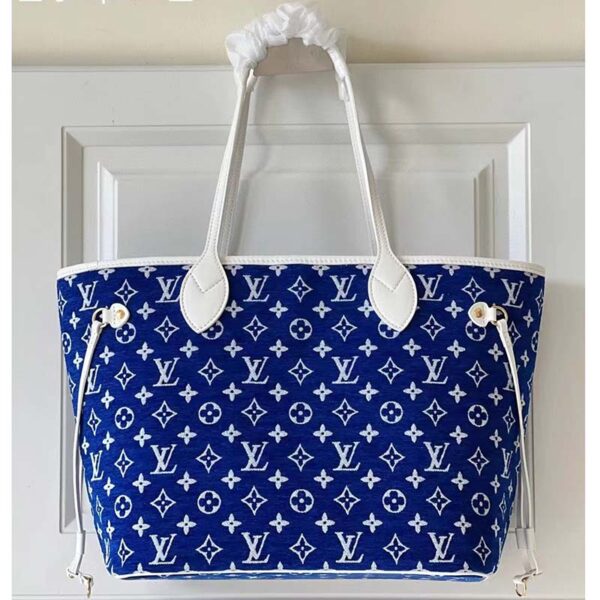 Louis Vuitton Women Neverfull MM Tote Blue Monogram Jacquard Velvet Cowhide Leather (1)