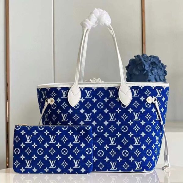 Louis Vuitton Women Neverfull MM Tote Blue Monogram Jacquard Velvet Cowhide Leather (4)