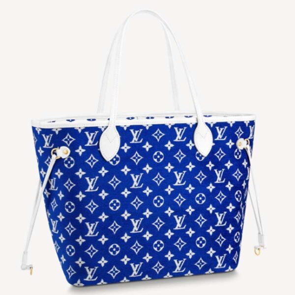 Louis Vuitton Women Neverfull MM Tote Blue Monogram Jacquard Velvet Cowhide Leather (5)