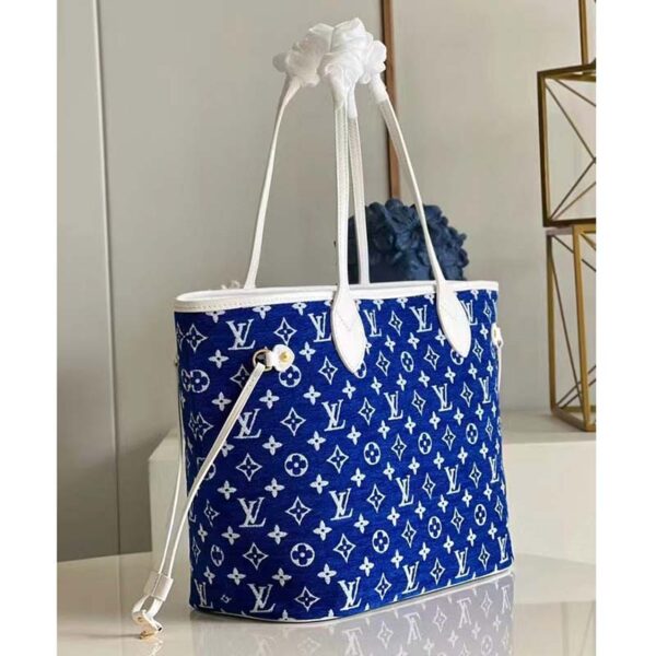 Louis Vuitton Women Neverfull MM Tote Blue Monogram Jacquard Velvet Cowhide Leather (9)