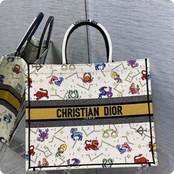 Dior Women CD Large Dior Book Tote Latte Multicolor Dior Pixel Zodiac Embroidery (1)