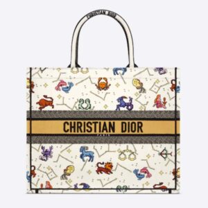 Dior Women CD Large Dior Book Tote Latte Multicolor Dior Pixel Zodiac Embroidery