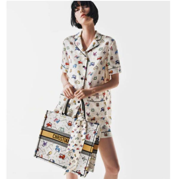 Dior Women CD Large Dior Book Tote Latte Multicolor Dior Pixel Zodiac Embroidery (4)