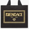 Fendi Women FF Small Shopping Bag Fendace Embroidered Black Canvas Logo Shopper