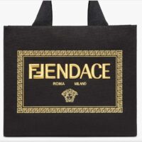 Fendi Women FF Small Shopping Bag Fendace Embroidered Black Canvas Logo Shopper (11)