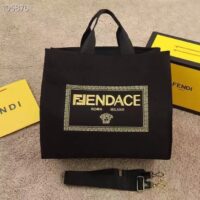 Fendi Women FF Small Shopping Bag Fendace Embroidered Black Canvas Logo Shopper (11)