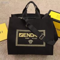 Fendi Women FF Small Shopping Bag Fendace Embroidered Black Canvas Logo Shopper (11)