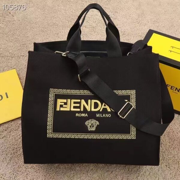 Fendi Women FF Small Shopping Bag Fendace Embroidered Black Canvas Logo Shopper (4)