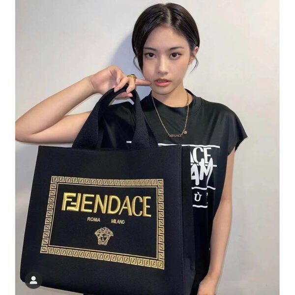 Fendi Women FF Small Shopping Bag Fendace Embroidered Black Canvas Logo Shopper (7)