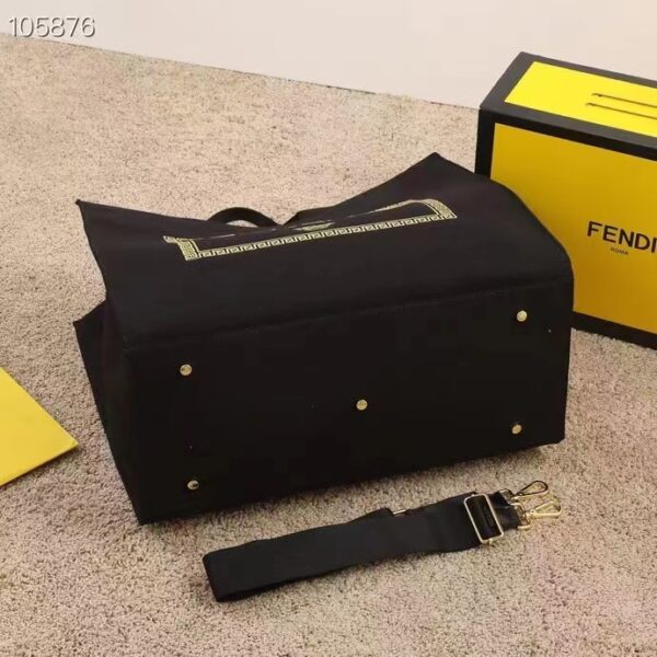 Fendi Women FF Small Shopping Bag Fendace Embroidered Black Canvas Logo Shopper (9)