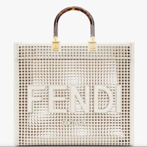 Fendi Women Sunshine Medium White Two-Toned Perforated Leather Shopper