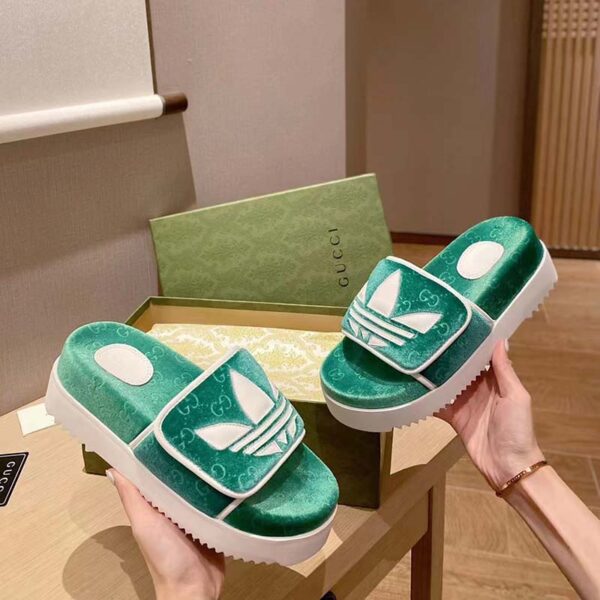 Gucci Unisex Adidas x Gucci GG Platform Sandal Green GG Cotton Sponge (9)