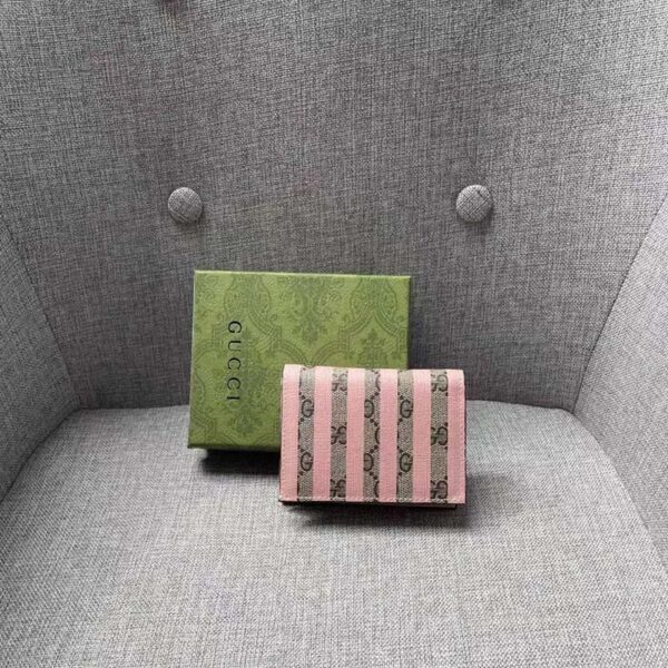 Gucci Unisex Card Case Wallet Double G Pink Stripe Print GG Supreme Canvas (5)