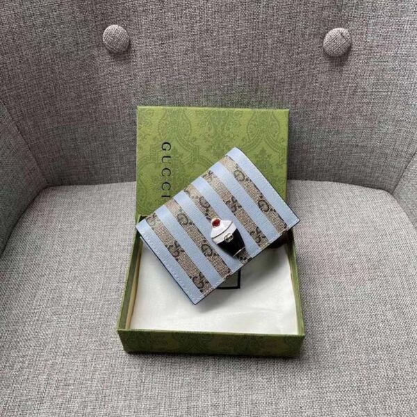 Gucci Unisex Card Case Wallet Enamel Ice Cream Blue Stripe Print Beige Ebony GG Supreme Canvas (2)