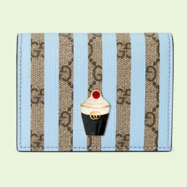 Gucci Unisex Card Case Wallet Enamel Ice Cream Blue Stripe Print Beige Ebony GG Supreme Canvas (9)