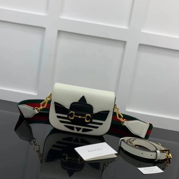 Gucci Unisex GG Adidas x Gucci Horsebit 1955 Mini Bag White Black Leather Trefoil (1)