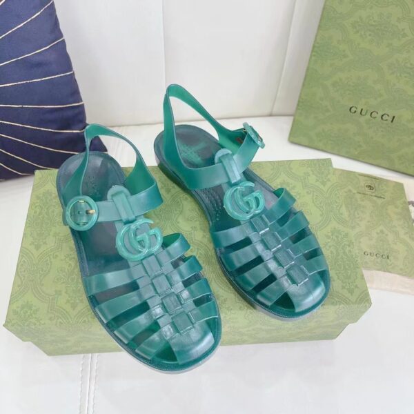 Gucci Unisex GG Sandal Double G Transparent Green Rubber Sole Ankle Buckle Flat (5)