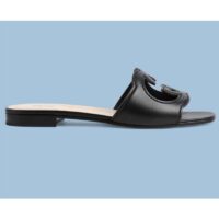 Gucci Unisex Interlocking G Slide Sandals Black Leather Cut-Out Flat (6)