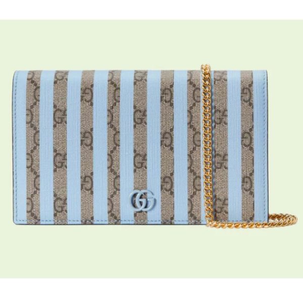 Gucci Women Double G Mini Bag Chain Blue Stripe Print Beige Ebony GG Supreme Canvas (10)