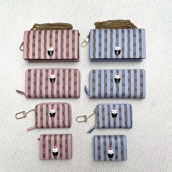 Gucci Women Double G Mini Bag Chain Blue Stripe Print Beige Ebony GG Supreme Canvas