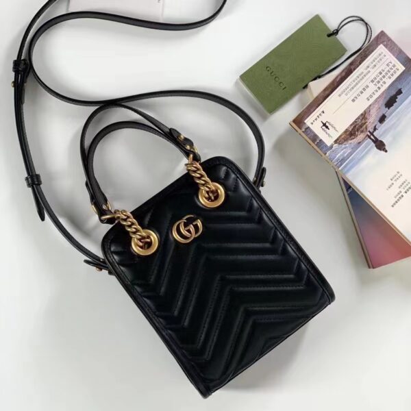 Gucci Women GG Marmont Matelassé Mini Bag Chevron Leather Double G Black (5)