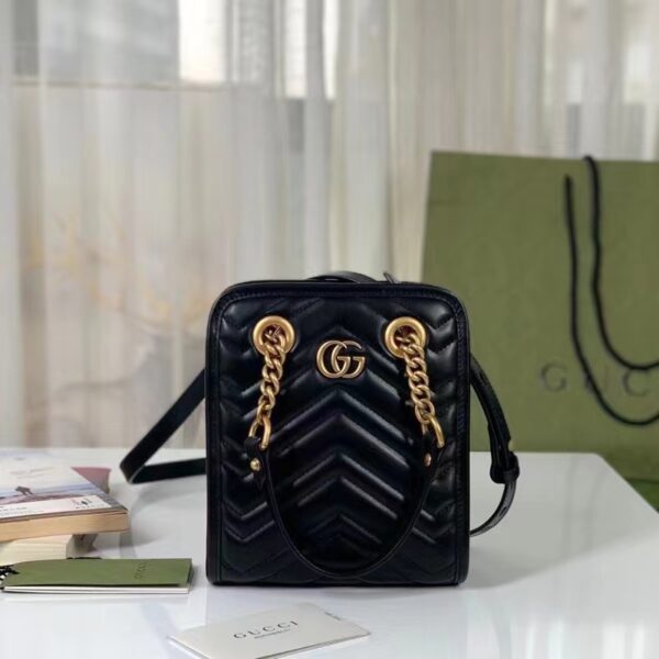 Gucci Women GG Marmont Matelassé Mini Bag Chevron Leather Double G Black (9)
