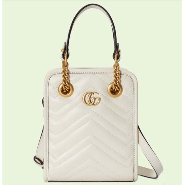 Gucci Women GG Marmont Matelassé Mini Bag White Chevron Leather Double G (4)