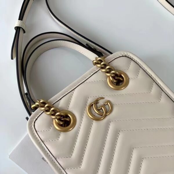 Gucci Women GG Marmont Matelassé Mini Bag White Chevron Leather Double G (5)