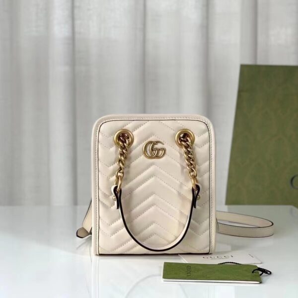 Gucci Women GG Marmont Matelassé Mini Bag White Chevron Leather Double G (8)