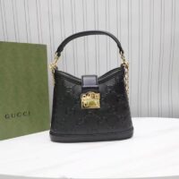 Gucci Women GG Small GG Shoulder Bag Black Debossed Leather Double G (4)