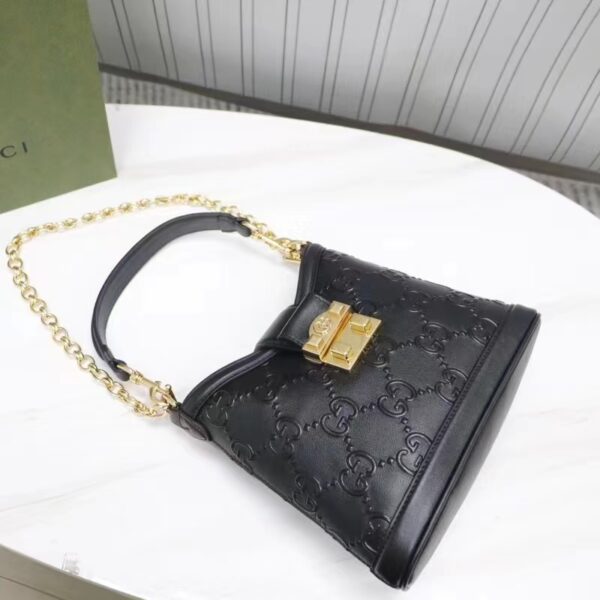 Gucci Women GG Small GG Shoulder Bag Black Debossed Leather Double G (5)