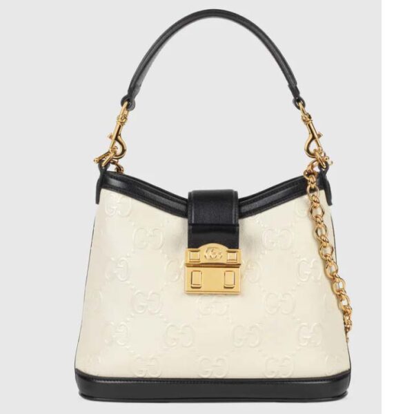 Gucci Women GG Small GG Shoulder Bag White Debossed Leather Double G (7)
