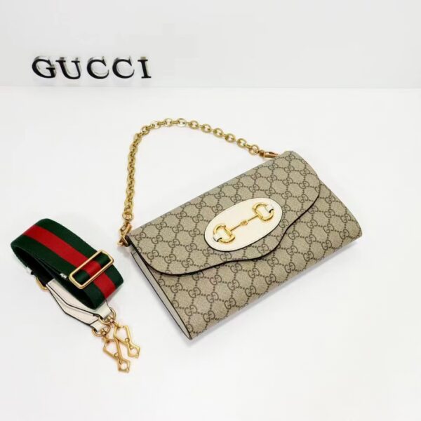 Gucci Women Horsebit 1955 Small Bag Beige Ebony GG Supreme Canvas White Leather (1)
