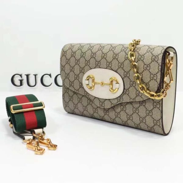 Gucci Women Horsebit 1955 Small Bag Beige Ebony GG Supreme Canvas White Leather (11)