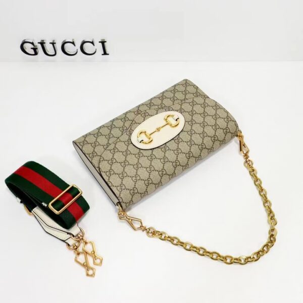 Gucci Women Horsebit 1955 Small Bag Beige Ebony GG Supreme Canvas White Leather (3)