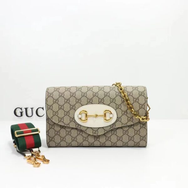 Gucci Women Horsebit 1955 Small Bag Beige Ebony GG Supreme Canvas White Leather (8)