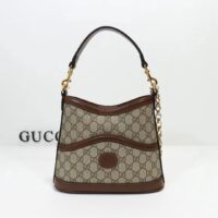 Gucci Women Large Shoulder Bag Interlocking G Beige Ebony GG Supreme Canvas (1)