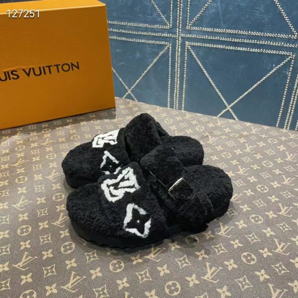 Louis Vuitton LV Unisex Paseo Flat Comfort Mule Black Shearling Monogram Flowers (11)