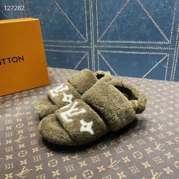 Louis Vuitton LV Unisex Paseo Flat Comfort Mule Dark Green Shearling Monogram Flowers (6)