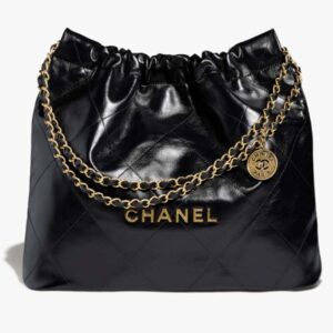 Chanel Women 22 Handbag Shiny Calfskin Gold-Tone Metal Black