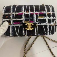 Chanel Women CC Classic Handbag Embroidered Satin Sequins Black White Red Gold