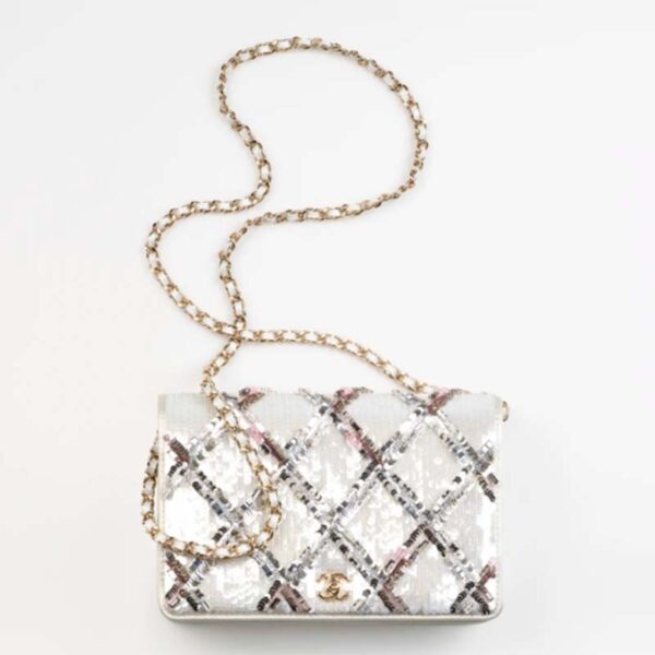 Chanel Women CC Wallet On Chain Embroidered Satin Sequins Gold-Tone Metal White Silver (10)