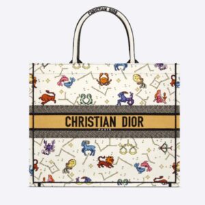 Dior Unisex CD Large Book Tote Latte Multicolor Dior Pixel Zodiac Embroidery