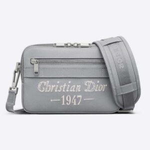 Dior Unisex CD Safari Messenger Bag Gray Grained Calfskin 'Christian Dior 1947' Signature