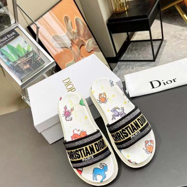 Dior Unisex Dway Slide White Multicolor Embroidered Cotton Dior Pixel Zodiac Motif