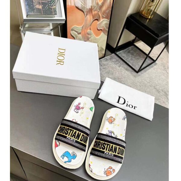 Dior Unisex Dway Slide White Multicolor Embroidered Cotton Dior Pixel Zodiac Motif (7)